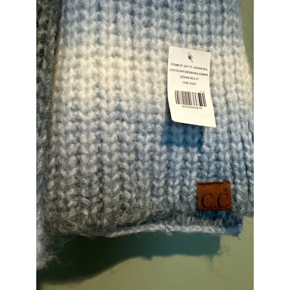 C.C. New Denim Ombre Scarf NWT Y2K Boho Festival Casual Accessory Winter Skiing